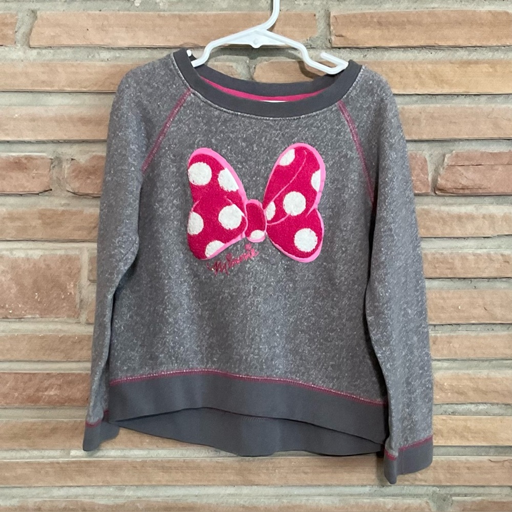 Disney Store Minnie Mouse Bow Appliqué Kids Sweatshirt Gray Pink Size 5/6